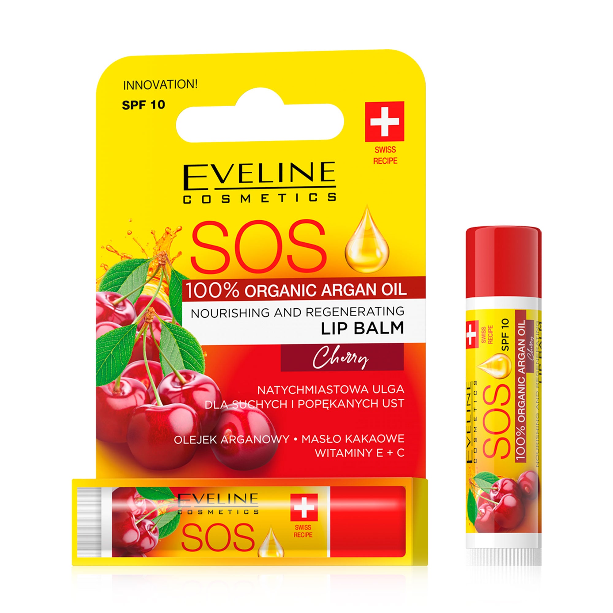 Відновлювальний бальзам для губ Eveline Cosmetics Argan Oil Sos SPF 10, Вишня, 4.2 г